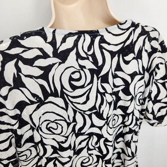 MSK Pullover Top Women's Size XL Blk & White Floral Short Sleeve Draped Neck - Picture 8 of 9